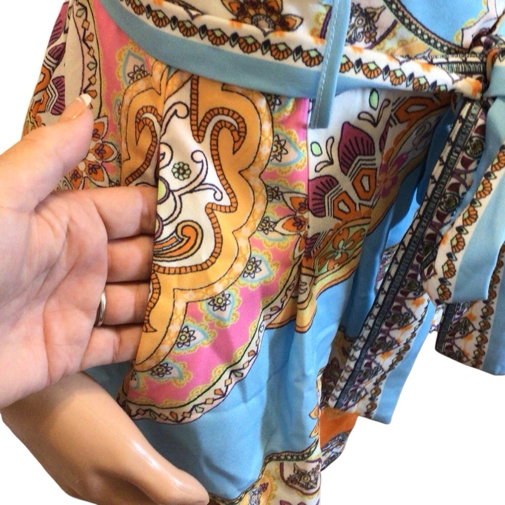 Flying Tomato High-Waist Printed Tie-Belt Shorts in Blue, Orange, White - Picture 4 of 9